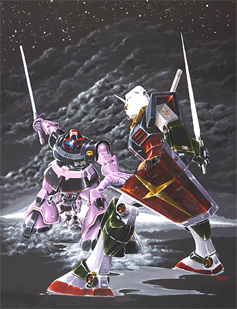 大河原邦男の絵画作品　タイトルは、ガンダム＆ドム